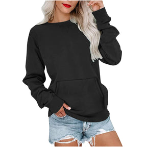 Women's Solid Color Pullover Sweatshirt - Loose-Fit, Round Neck, Long Sleeves with Pocket - Evil Shop