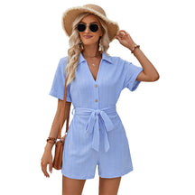 Women's Short-Sleeved Lace-Up Jumpsuit - Turn-Down Collar, Solid Color, Summer - Evil Shop