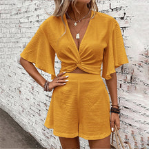 Women's Summer Two-Piece Set - Loose-Fit V-Neck Top & Ruffle Sleeve Shorts - Evil Shop