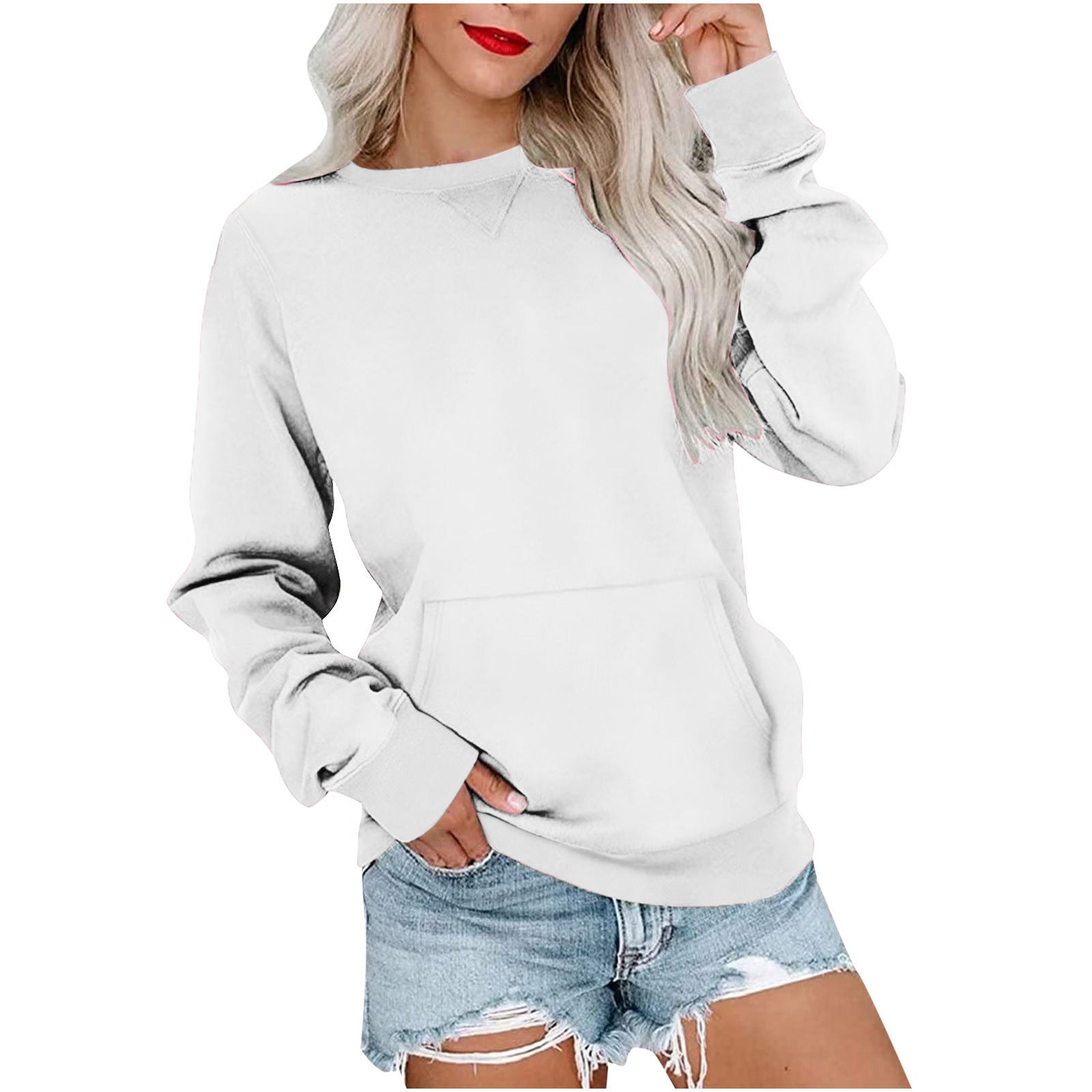 Women's Solid Color Pullover Sweatshirt - Loose-Fit, Round Neck, Long Sleeves with Pocket - Evil Shop