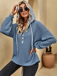 Women's Casual Hooded Sweatshirt - Button Closure, Loose-Fit, Long Sleeves - Evil Shop