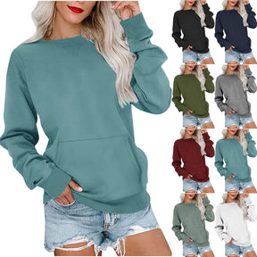 Women's Solid Color Pullover Sweatshirt - Loose-Fit, Round Neck, Long Sleeves with Pocket - Evil Shop