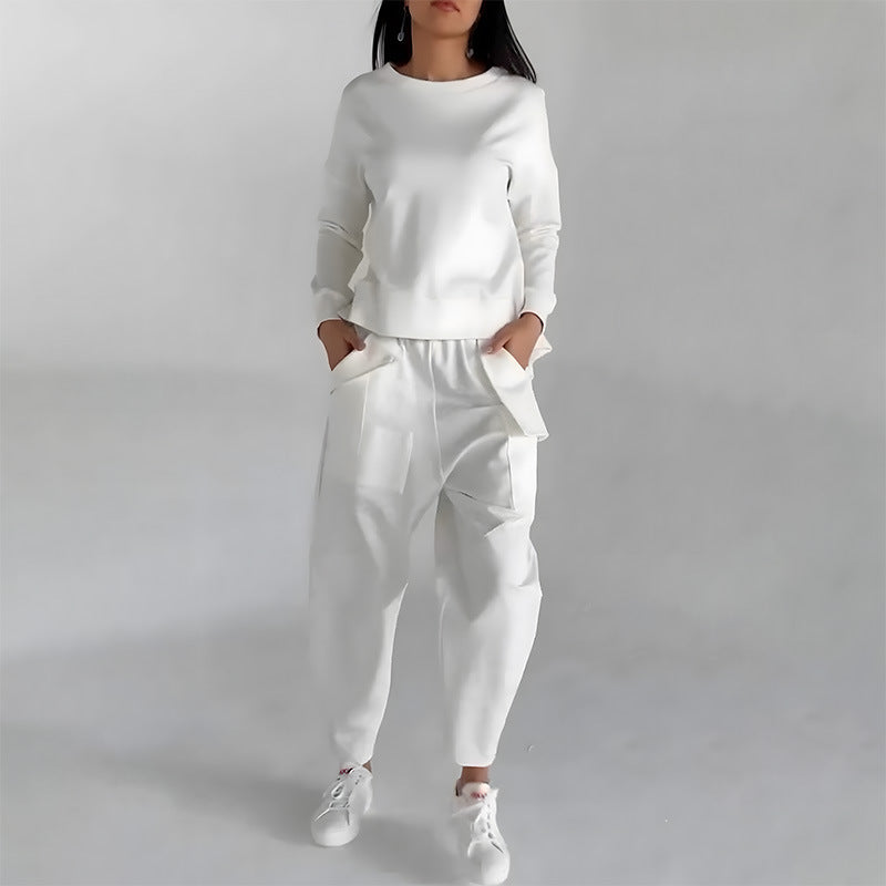 Solid Color Back-Slit Sweatshirt & Trousers Set for Women - Evil Shop