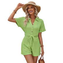 Women's Short-Sleeved Lace-Up Jumpsuit - Turn-Down Collar, Solid Color, Summer - Evil Shop