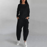 Solid Color Back-Slit Sweatshirt & Trousers Set for Women - Evil Shop