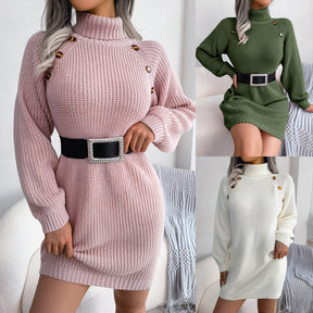 Women's Turtleneck Sweater Dress with Button Detail - Evil Shop