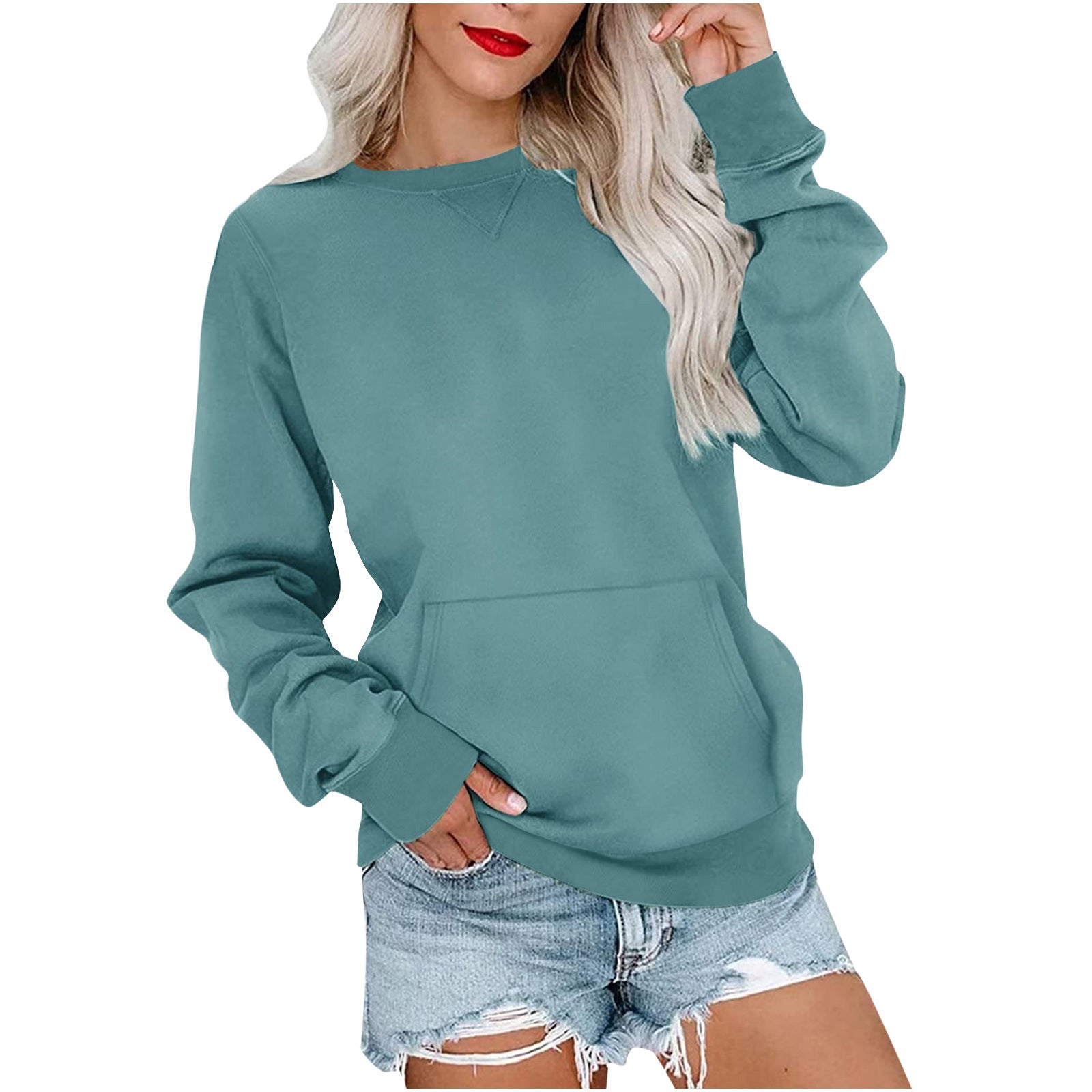 Women's Solid Color Pullover Sweatshirt - Loose-Fit, Round Neck, Long Sleeves with Pocket - Evil Shop